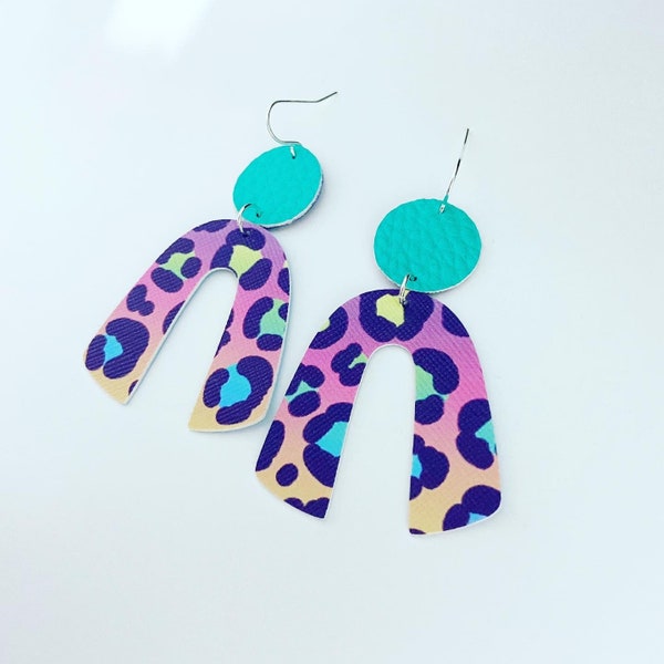 Medium Rainbow Leopard and Teal Faux Leather Arch Earrings, Rainbow Earrings, Horseshoe Earrings, Statement Earrings, Lightweight earrings