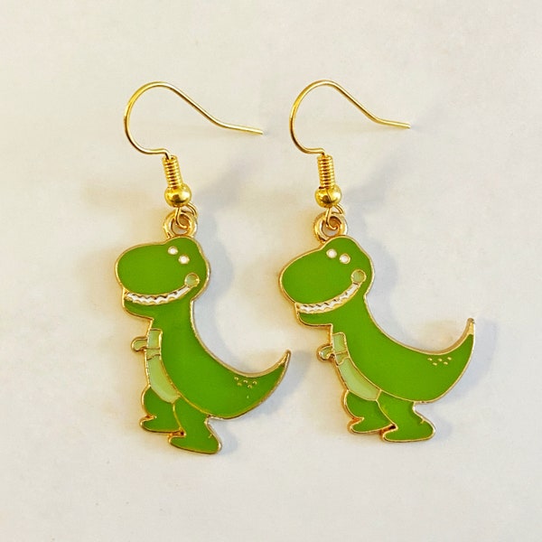 Dinosaur Earrings, green T-rex, Dino jewellery, Godzilla retro funny kitsch accessories, unique quirky playful dangle