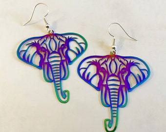 Rainbow Elephant Earrings, iridescent stainless steel jewellery, colourful accessories, unique quirky playful lightweight charm jewellery