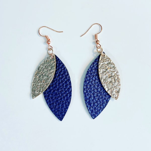 Textured Faux Leather Leaf Shaped Earrings with 2 Layers in Blue and Rose Gold Lightweight Comfortable Gift for Mums Birthday Wedding Navy