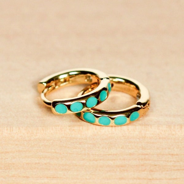 Gold Mini Hoops | Turquoise Enamel | Gold Huggie Hoops | Hypoallergenic | 18k Gold Plated