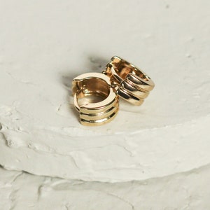 May include: A pair of gold hoop earrings with a layered design. The earrings are simple and elegant.