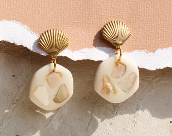 Shell Inlay Drop Earrings | Brass Shells | Lightweight Polymer Clay Earrings | Hypoallergenic