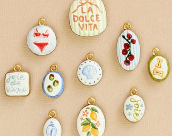Hand Painted Charm for Necklace | Handmade Clay Charms Mediterranean Summer | Italian French Saying | Lemon Tomato Olive Pasta | Joie Gift