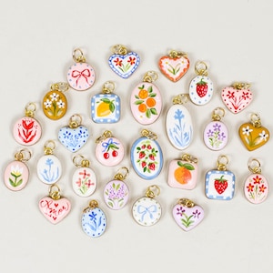 Hand Painted Charm for Necklace | Handmade Clay Charms | Folk Art Flowers Fruit Strawberry Lemons | Polymer Clay Charms for Earrings