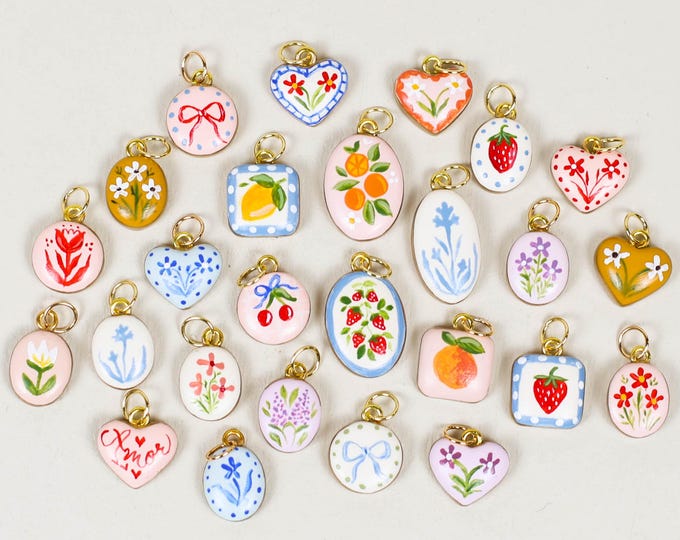 Hand Painted Charm for Necklace | Handmade Clay Charms | Folk Art Flowers Fruit Strawberry Lemons | Polymer Clay Charms for Earrings