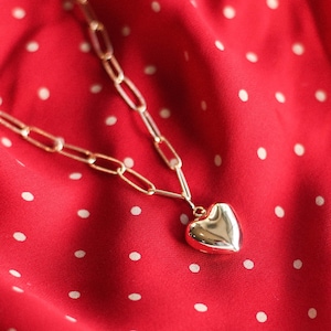 Gold Puffy Heart Charm Necklace Paperclip Chain 18k Gold Tarnish Proof Adjustable Length