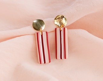 Pink and Red Stripe Earrings | Polymer Clay Earrings | Valentine's Day