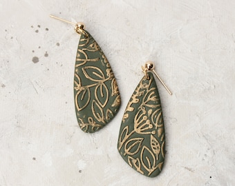 Everly Olive Green with Gold Leaf Texture | Polymer Clay Earrings | Gold Ball Post | Hypoallergenic