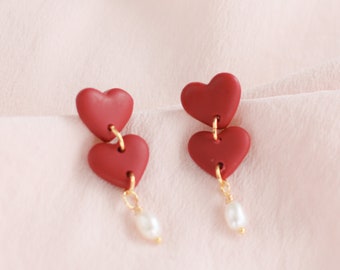 Red Double Heart with Freshwater Pearl | Valentine's Day | Polymer Clay Earrings |  Handmade | Hypoallergenic Titanium | Gift for Her