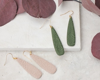 Leah Textured Leaf Earrings | Polymer Clay | Gold Ear Wire Hook | Hypoallergenic | Lightweight