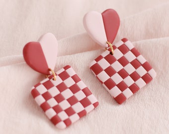 Charlotte Checkered Heart Earrings | Valentine's Day | Red & Pink | Hypoallergenic Titanium