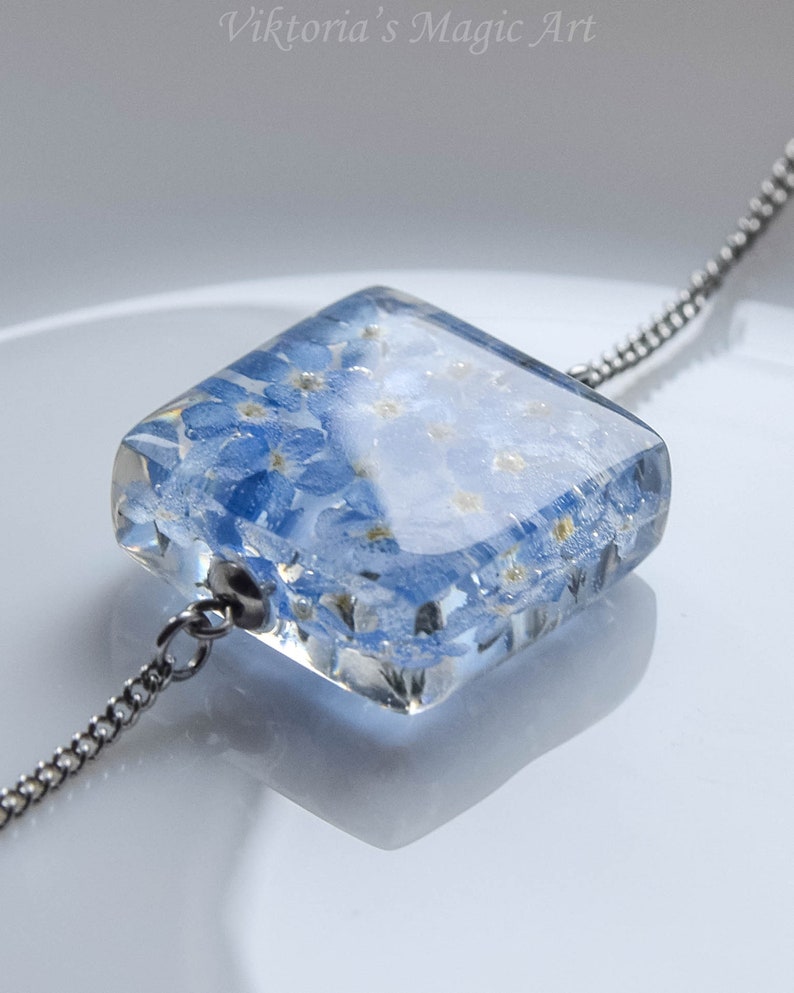 Real flower jewelry. Botanical bracelet handmade with eco epoxy resin Embedded in resin live plants a real Blue Forget-me-nots flowers