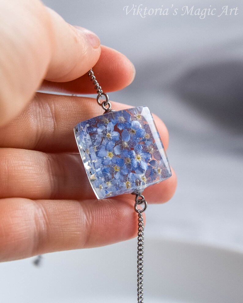 Real flower jewelry. Botanical bracelet handmade with eco epoxy resin Embedded in resin live plants a real Blue Forget-me-nots flowers