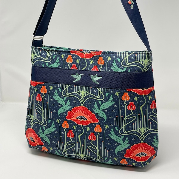 Poppy purse with embroidered strap and details. Colorful bag with poppies, hummingbirds , embroidered strap