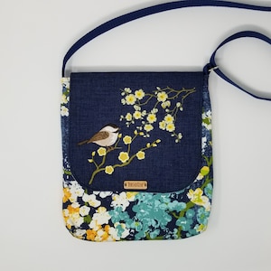 Navy Cherry blossoms chickadee purse, cross body bag in navy blue, yellow and white