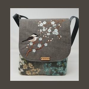 Cherry blossoms chickadee purse, cross body bag in blue and gray