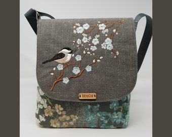 Cherry blossoms chickadee purse, cross body bag in blue and gray