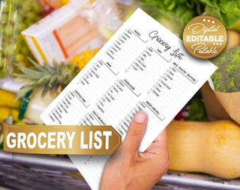 Grocery List Printable Digital Download, Editable Grocery List, Shopping List, Customised Grocery List, Minimal, Kitchen Organization, PDF