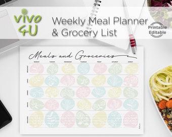 Minimal Weekly Meal Plan, Editable Meal Planner, Meal Plan Printable, Menu Plan, Weekly Meal Schedule, Grocery List, Editable PDF, Cook Help