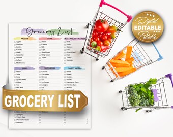 Minimal Artistic Grocery List Printable Digital Download, Editable Grocery List, Shopping List, Customised List, Kitchen Organization, PDF
