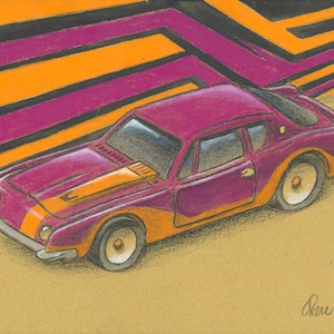 Könnte beinhalten: Eine handgezeichnete Illustration eines lilafarbenen Autos mit einem orangefarbenen Streifen auf der Motorhaube. Das Auto ist vor einem Hintergrund aus orangefarbenen und lilafarbenen Streifen platziert.