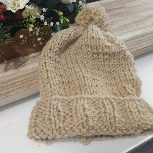 1  bonnet femme homme ado beige chaud hiver pompon m379