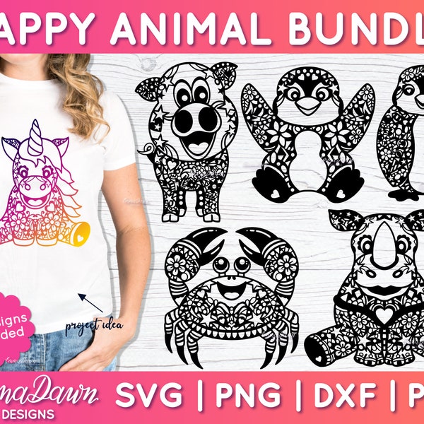 Happy Animal SVG Bundle for Cricut & Silhouette, Animal Mandala SVG, Animal Zentangle SVG Cut File, Unicorn Mandala Svg, Cute Penguin Svg