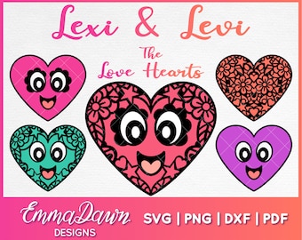 LEXI and LEVI the LOVE Hearts Svg, Valentines Day Svg, Mandala Heart Svg, Zentangle Heart Svg,  Cute Love Heart Bundle Design