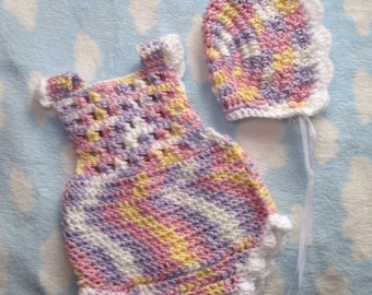 Crochet Spring Baby Set, (romper+bonnet) *ready to ship*