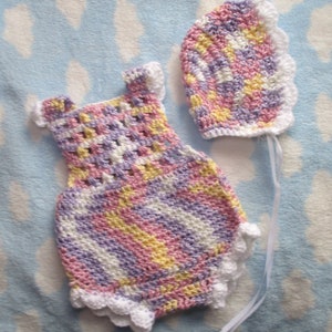 Crochet Spring Baby Set, romperbonnet ready to ship image 1