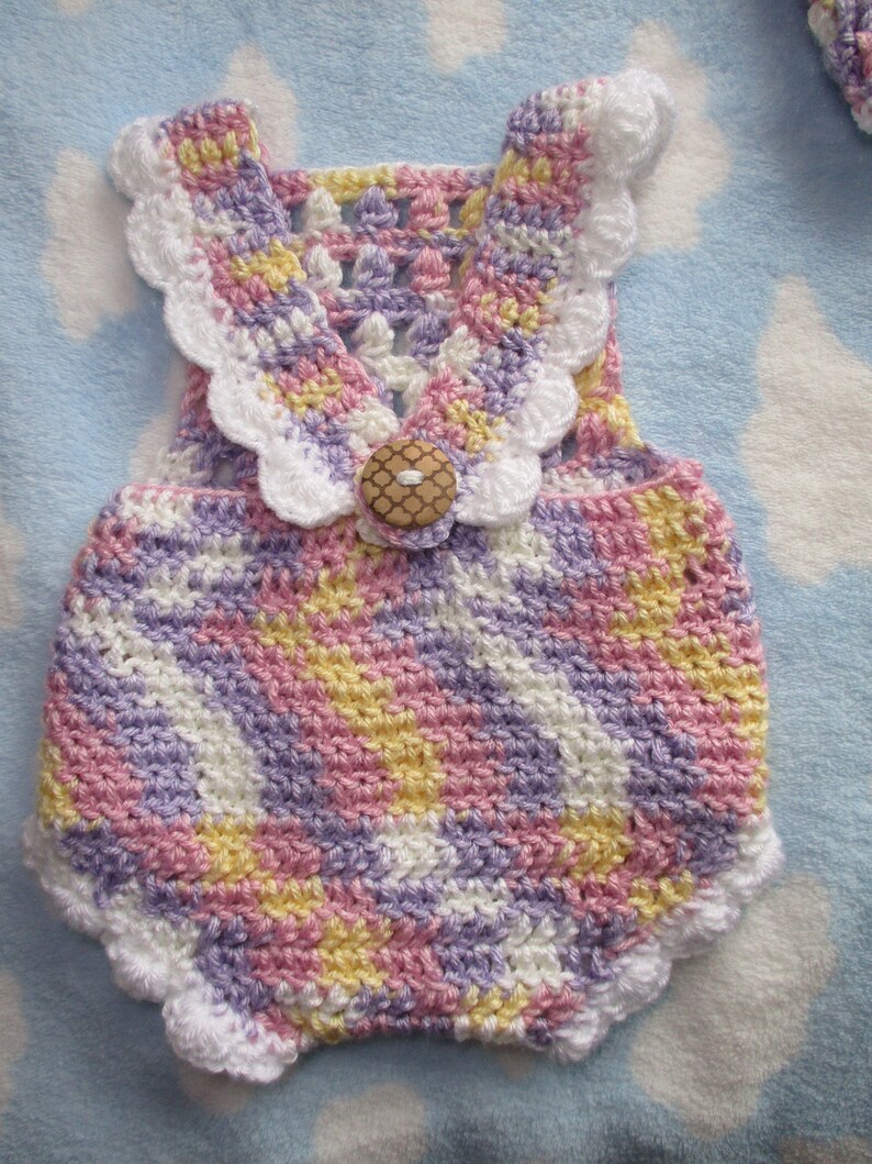 Crochet Spring Baby Set, romperbonnet ready to ship image 3