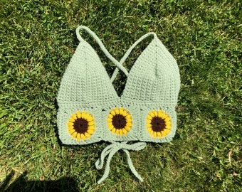 CUSTOM - Sunflower Crochet Top, Pick Your Size, Crochet Crop Top, Crochet Bikini Top, Halter Top, Festival Top, Festival Crop Top