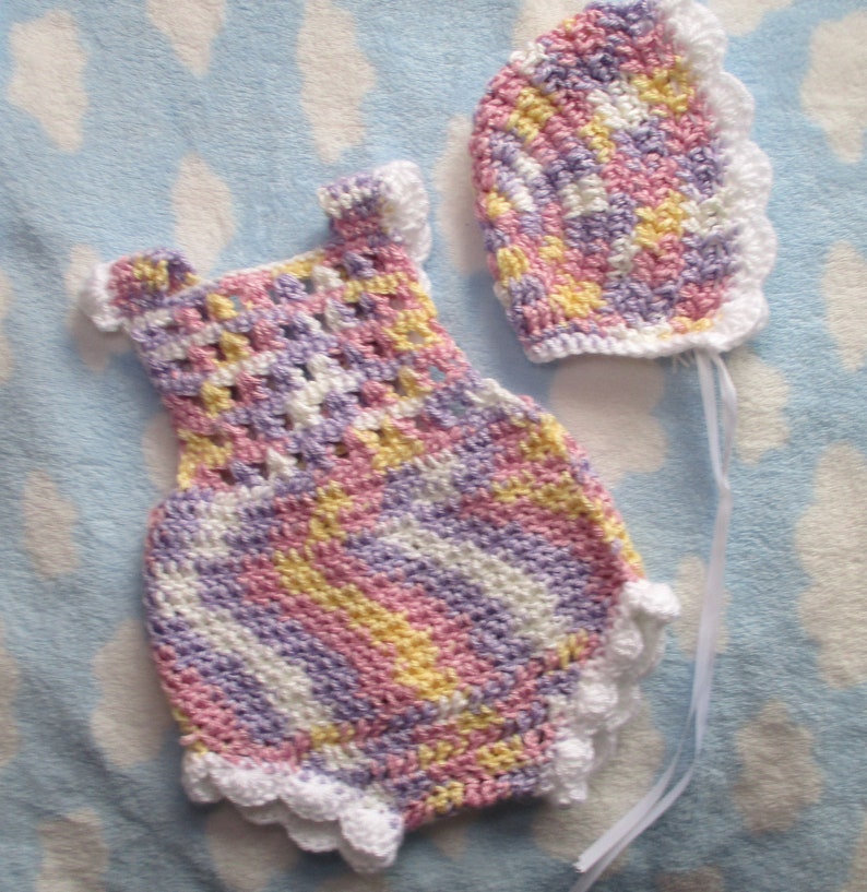 Crochet Spring Baby Set, romperbonnet ready to ship image 1