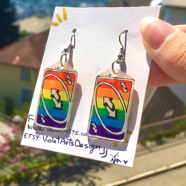 Uno rainbow reverse card earrings