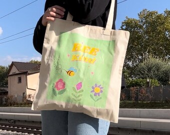 Cute tote bag, cotton bag, school tote bag, spring aesthetic, bee kind, be kind, motivational quote, nature lover, flowers, kawaii bees