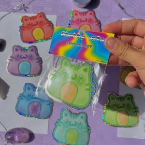 Rainbow chubby Cat holographic sticker pack, stickers bundle, cute stationary, cat lover, sticker collection, rainbow stickers, kawaii cats