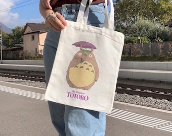 Cute tote bag, cotton bag, school tote bag, kawaii japan aesthetic, anime style, studio ghibli, cat bus, my neighbor Totoro, lunch box bag