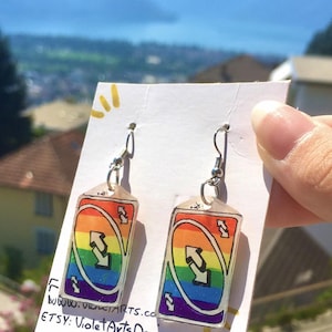 Uno reverse card meme earrings, lgbtq+ flags, pride month earrings, tiktok memes, queer jewelry, shrink plastic earrings, rainbow flag