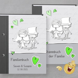 Stammbuch personalisiert Comical grün A5 A4, Familienstammbuch, Stammbuch der Familie Hochzeit, Heiratsurkunde, Stammbücher witzig Brautpaar
