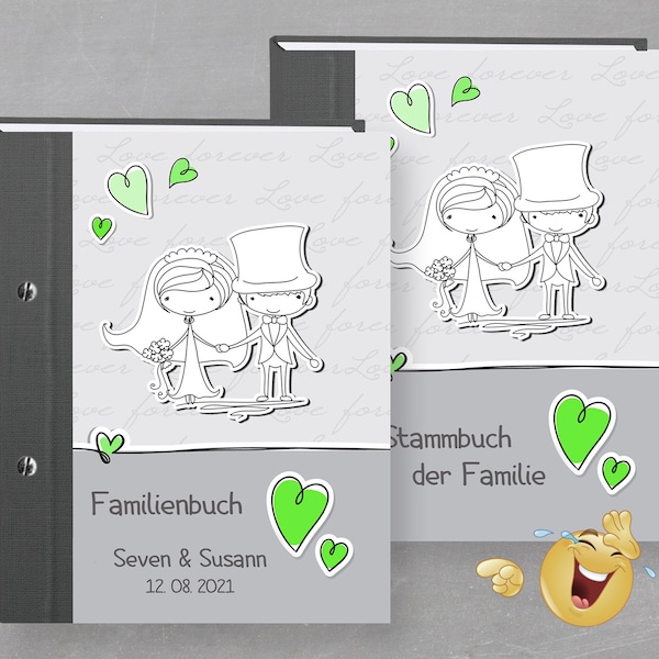 Personalized family book Comical green A5 A4, family family book, family wedding family book, marriage certificate, family books funny bride and groom