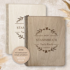 Stammbuch der Familie personalisiert aus Holz A5 A4 Wreath Stammbücher Holz Holzbuch handgefertigt Herzranke Blumenkranz Herz