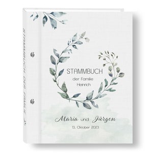 Stammbuch der Familie Greenero A5 A4 Stammbücher personalisiert handgefertigt Eukalyptus grün Weiß Schraube