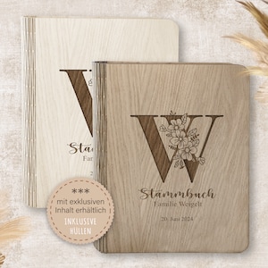 Stammbuch der Familie personalisiert aus Holz A5 A4 Alpha Stammbücher Holz Holzbuch mit Namen handgefertigt Ornament Blüten