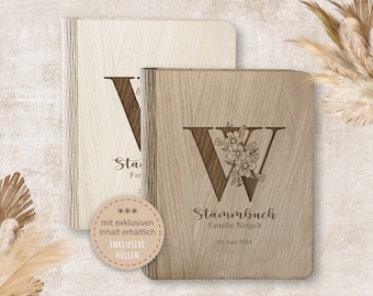 Personalized family register made of wood, A5 A4 Alpha family registers, wooden book with names, handmade ornament flowers