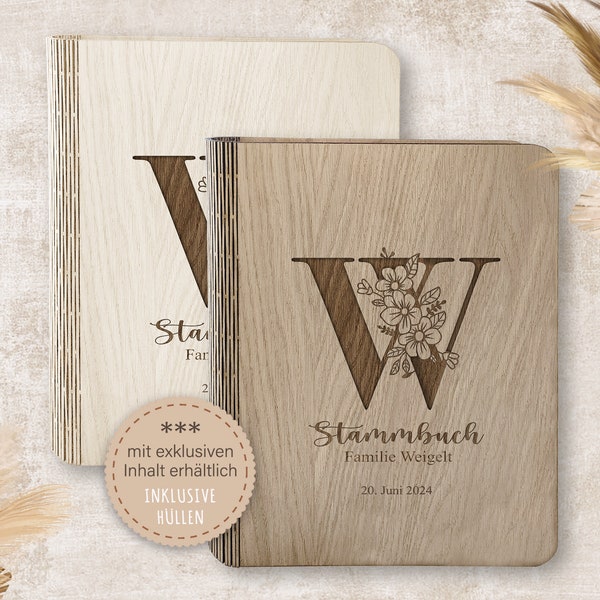 Stammbuch der Familie personalisiert aus Holz A5 A4 Alpha Stammbücher Holz Holzbuch mit Namen handgefertigt Ornament Blüten