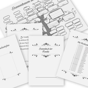 May include: A set of printable family tree templates, including a family tree chart, a wedding photo frame, a wedding anniversary list, and a family history book. The templates are black and white and have a vintage style.