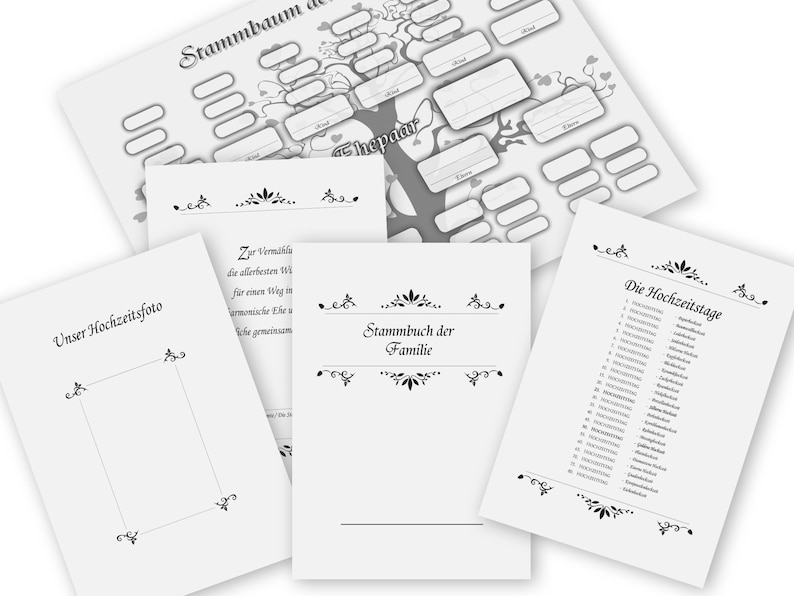 May include: A set of printable family tree templates, including a family tree chart, a wedding photo frame, a wedding anniversary list, and a family history book. The templates are black and white and have a vintage style.
