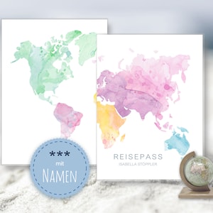 Reisepasshülle personalisiert WORDCOLOR Hülle Reisepass Schutzhülle Passhülle Weltkarte Watercolor