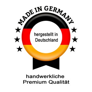 May include: A black and white circular logo with the text "Made in Germany" and five stars around the circle. Inside the circle is a red, yellow, and black German flag. The text "hergestellt in Deutschland" is inside the flag. Below the circle is the text "handwerkliche Premium Qualit&auml;t".